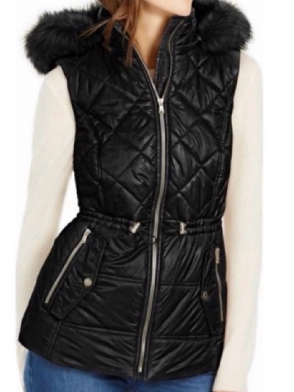 NWOT Michael Kors Black Quilted Faux-Fur Hooded Puffer Vest